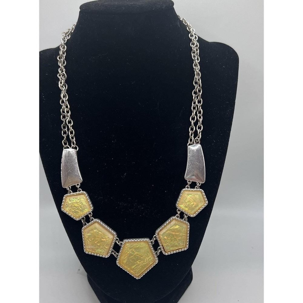 Etcetera Yellow Foil Back Resin Bib Necklace Silver Tone Double Strand Chain